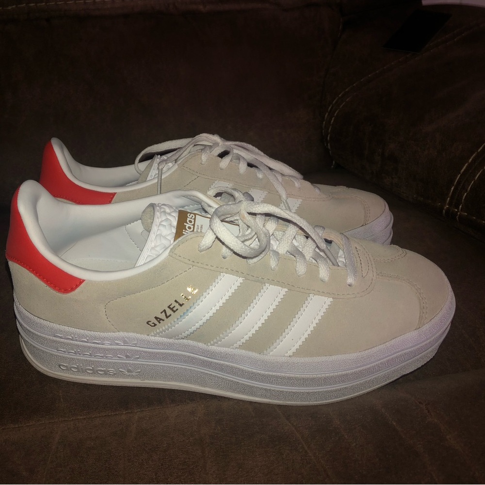 Adidas gazelle bold off white and white bottom with coral backing